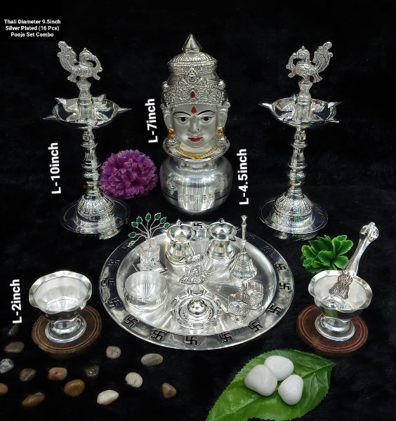 Silver plated combo pooja thali set - 19 pieces set